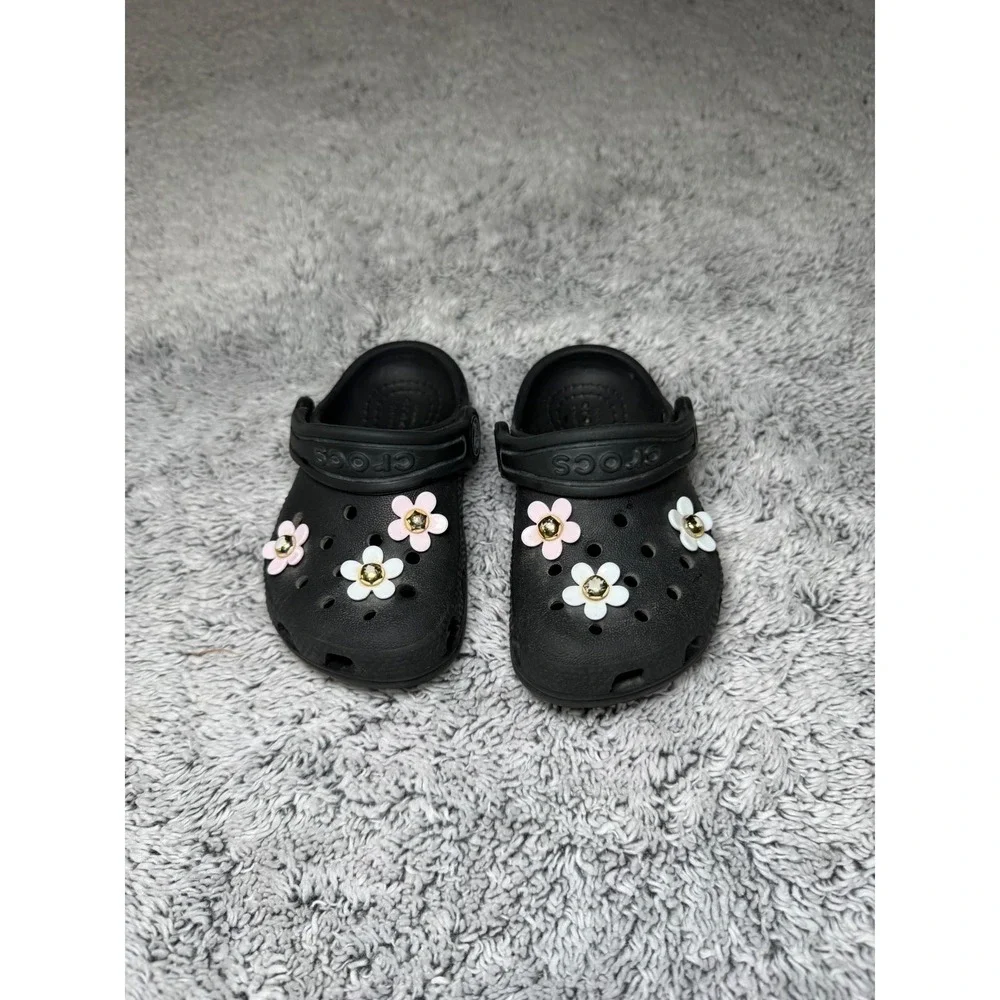 Crocs Classic Clogs Black Toddler Sz 5 Floral Flower Jibbitz Charms Slip On Shoe